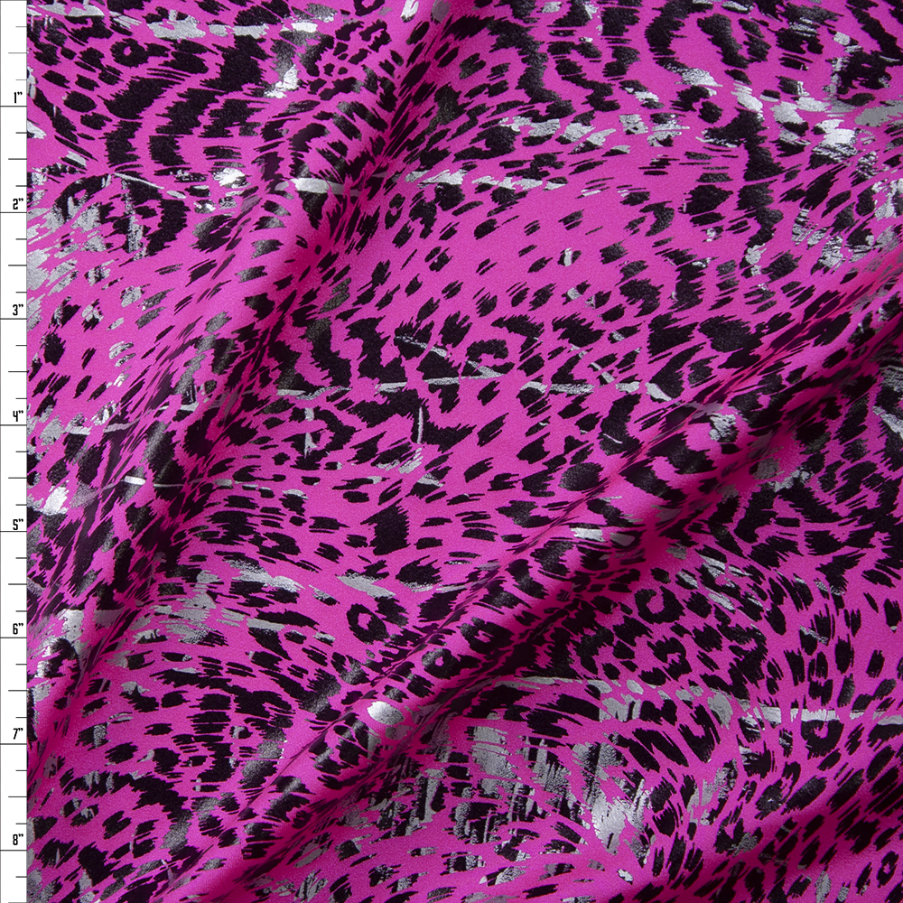 Black and Silver Gloss Cheetah on Neon Pink Nylon/Spandex Fabric By The Yard