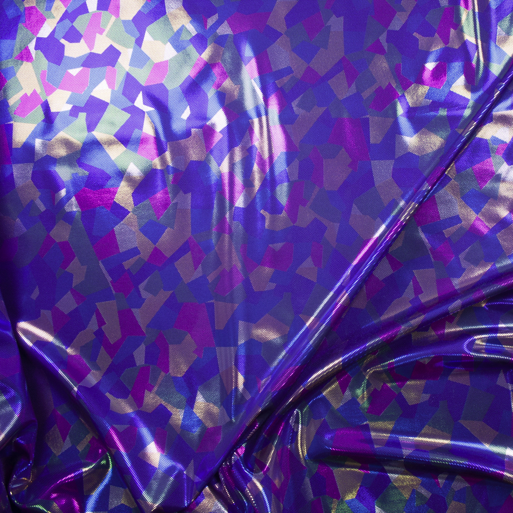 Multi Color Abstract Metallic on Purple Nylon/Spandex Fabric By The Yard - Wide shot