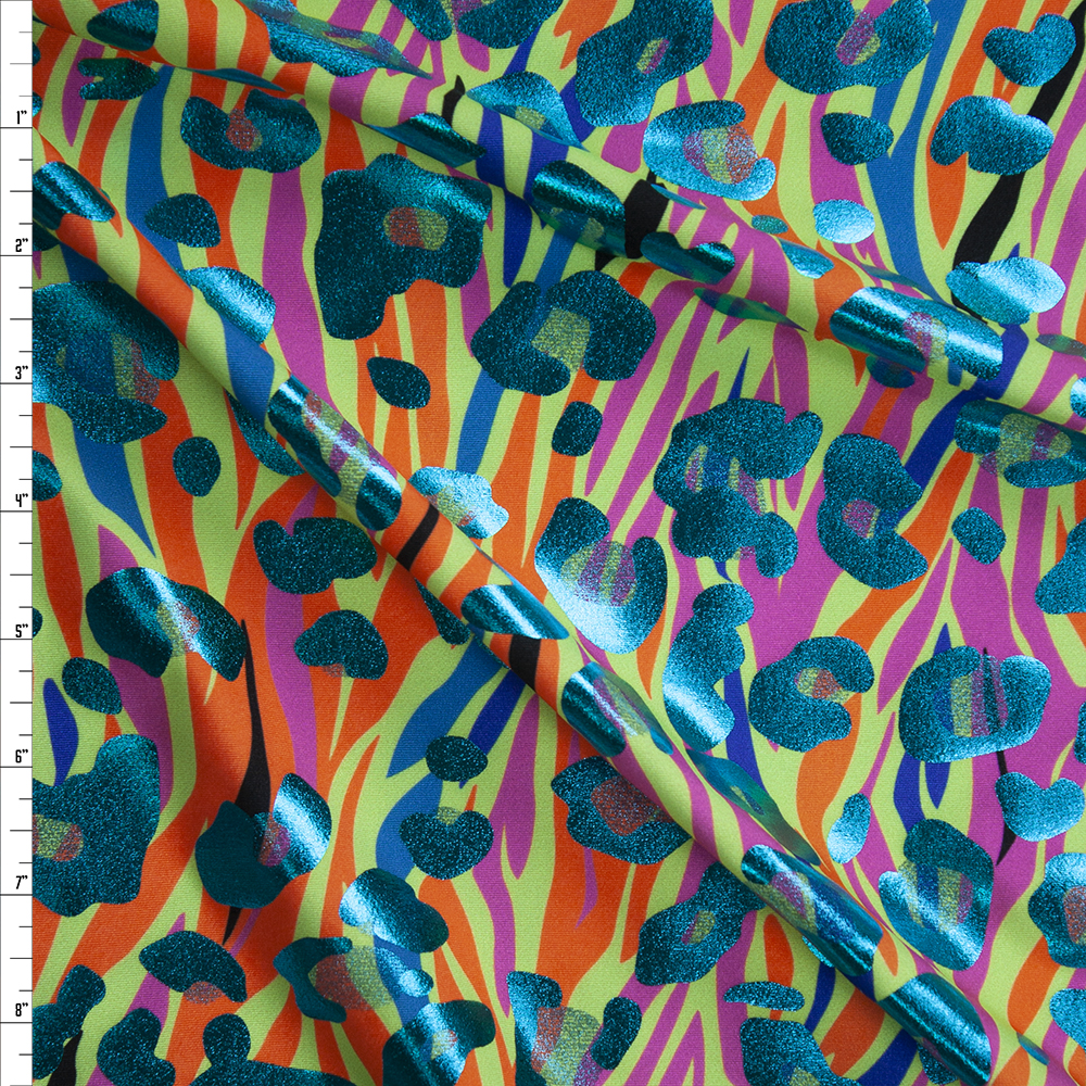 Metallic Teal Leopard on Neon Yellow, Orange, and Pink Zebra Nylon/Spandex Fabric By The Yard