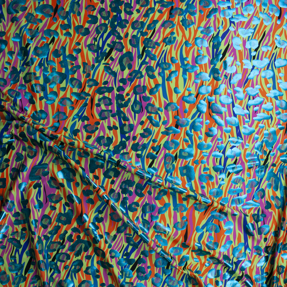 Metallic Teal Leopard on Neon Yellow, Orange, and Pink Zebra Nylon/Spandex Fabric By The Yard - Wide shot