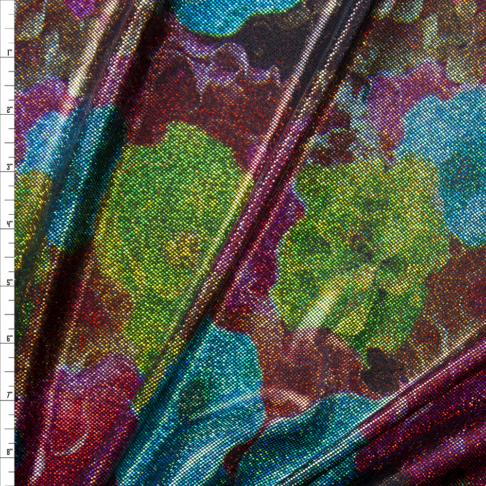Holographic Multi Colored Flowers on Black Nylon/Spandex Fabric By The Yard
