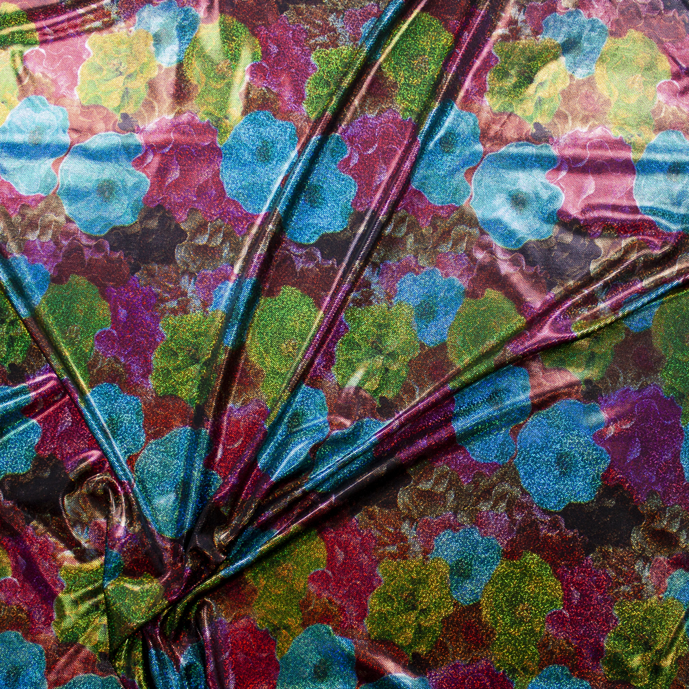Holographic Multi Colored Flowers on Black Nylon/Spandex Fabric By The Yard - Wide shot