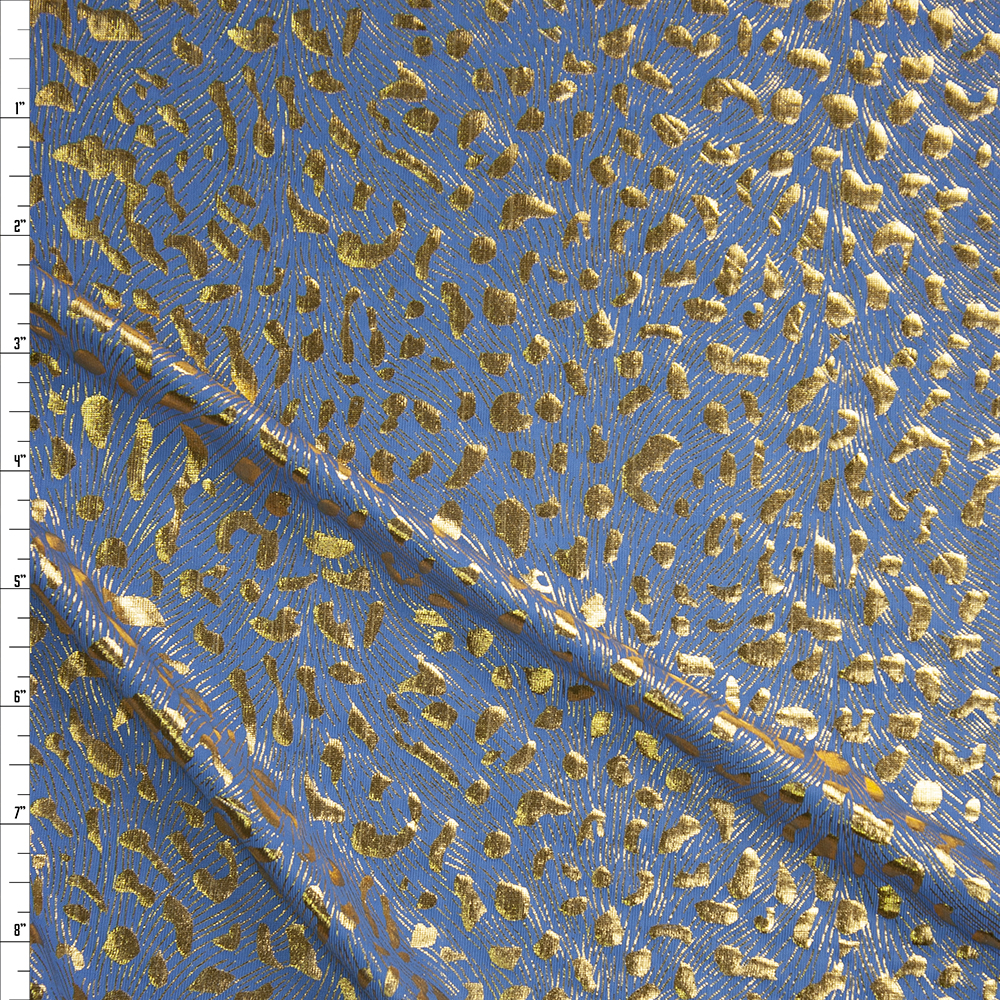 Gold Cheetah Metallic on Light Blue Lightweight Nylon/Spandex Fabric By The Yard