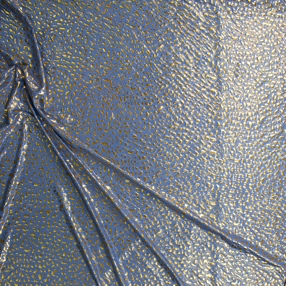 Gold Cheetah Metallic on Light Blue Lightweight Nylon/Spandex Fabric By The Yard - Wide shot