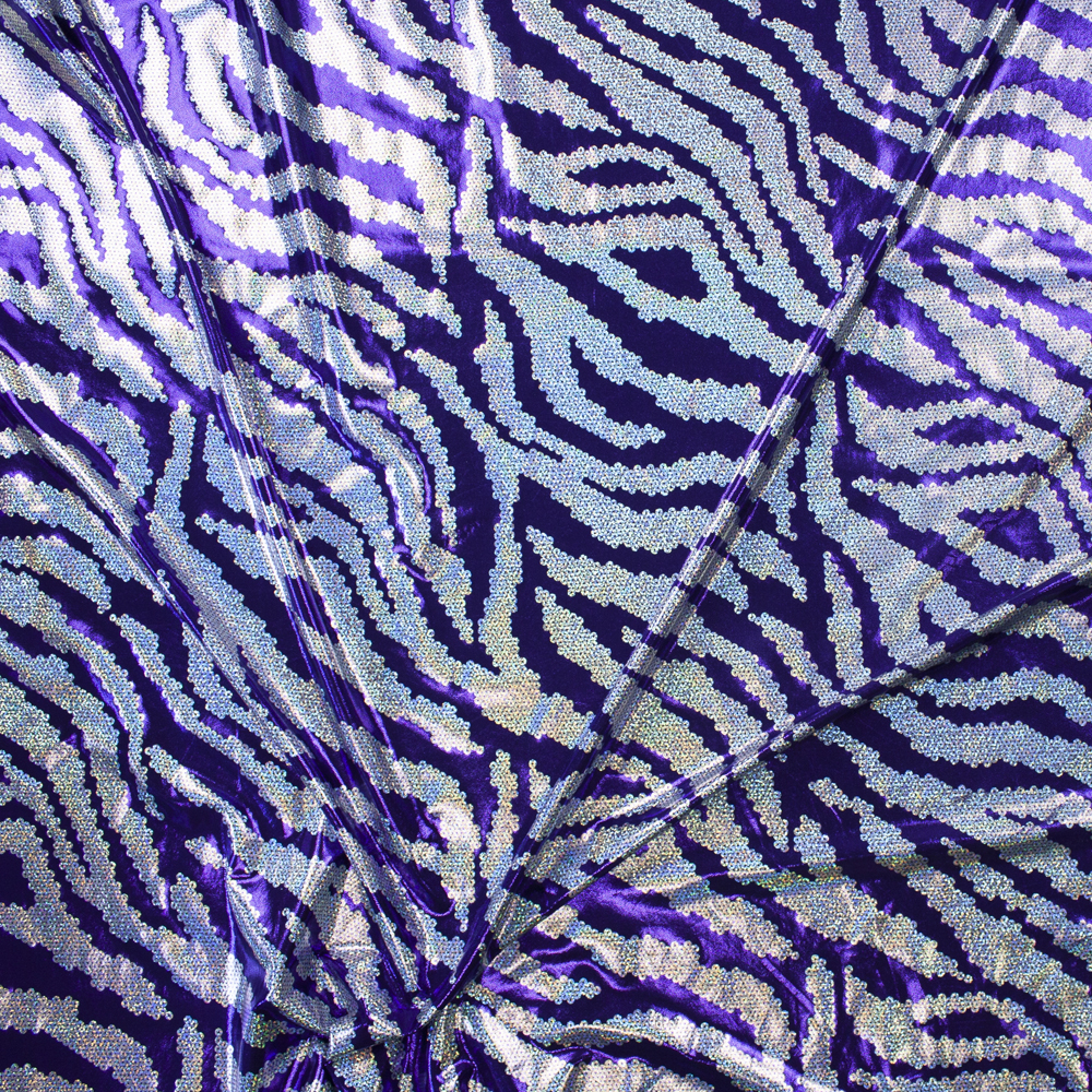 Holographic Silver and Purple Sequin Look Metallic Nylon/Spandex Fabric By The Yard - Wide shot