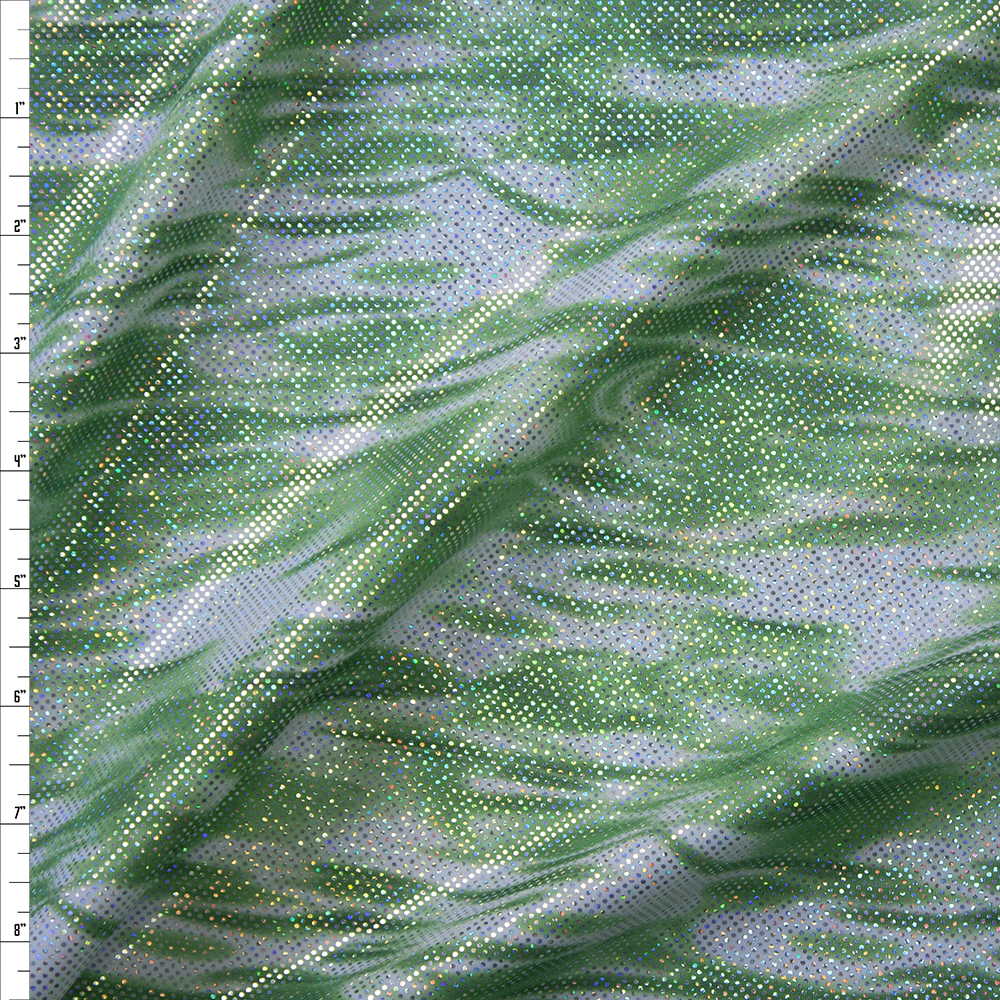 Holographic Silver Metallic on Lime and White Swirl Nylon/Spandex Fabric By The Yard
