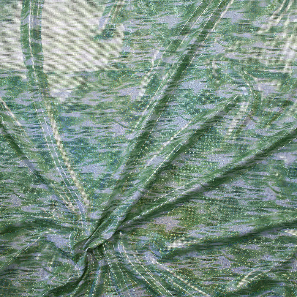 Holographic Silver Metallic on Lime and White Swirl Nylon/Spandex Fabric By The Yard - Wide shot