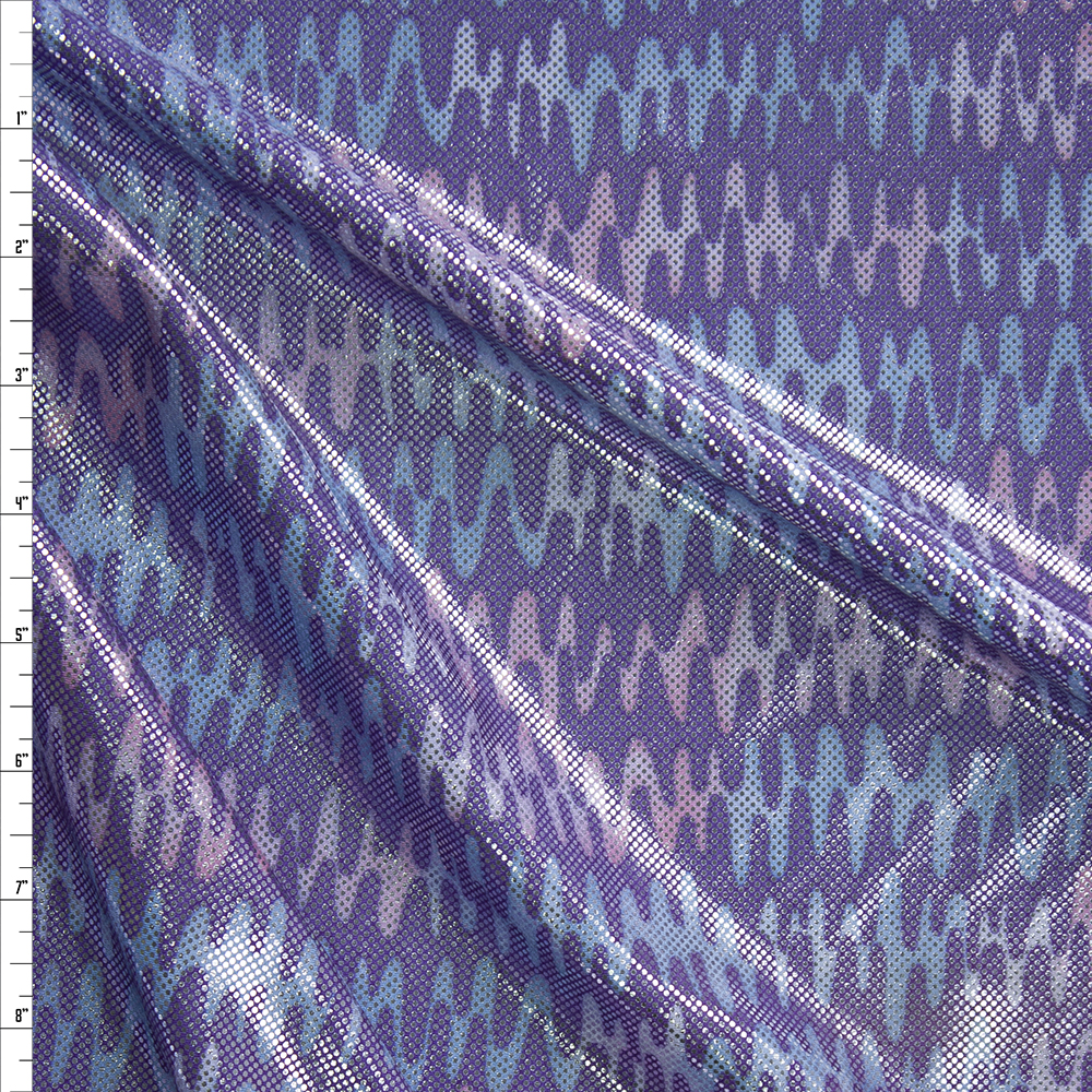 Metallic Silver on Lavender Pink, and Blue Waves Nylon/Spandex Fabric By The Yard