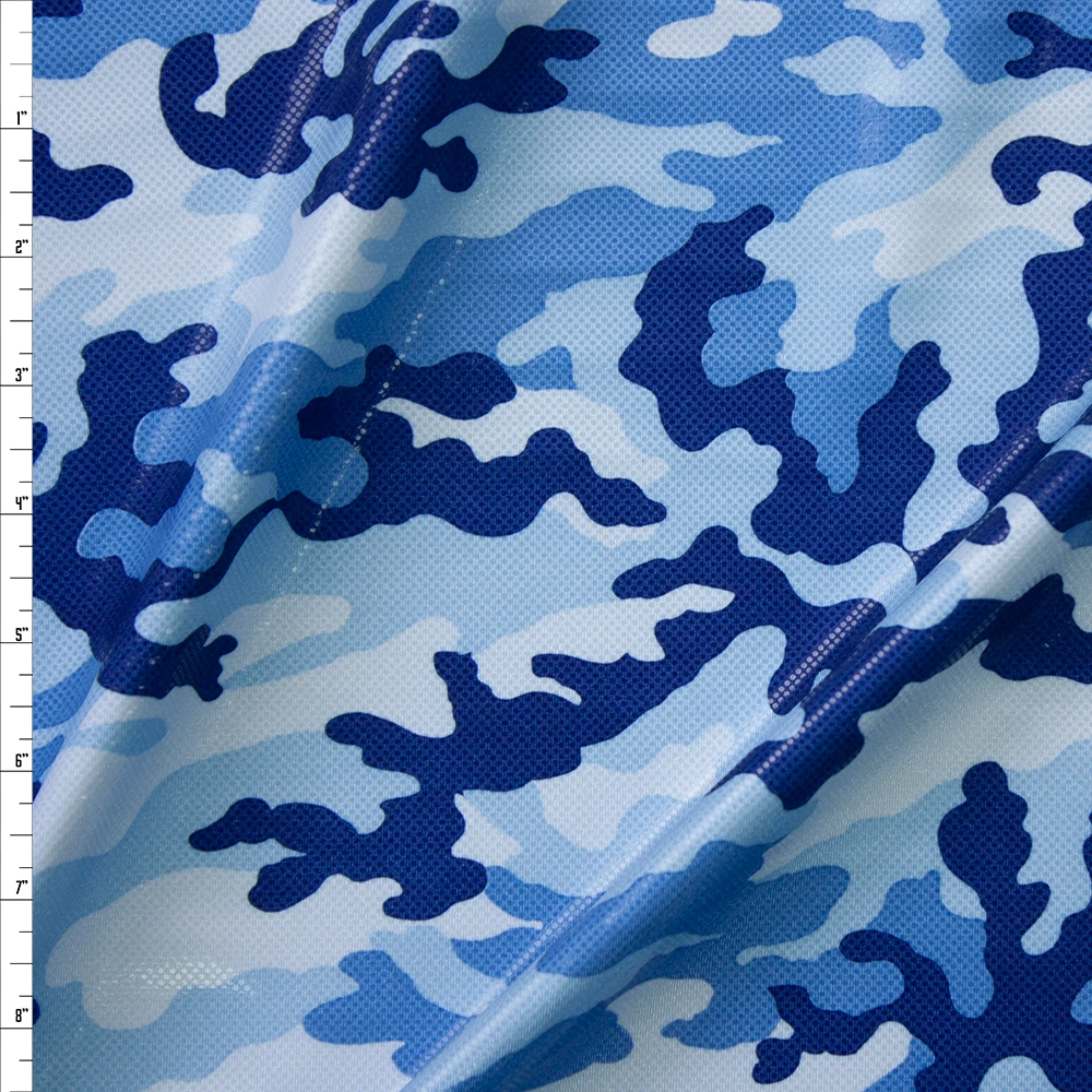 Blue Camouflage with Gloss Overlay Stretch Knit Fabric By The Yard