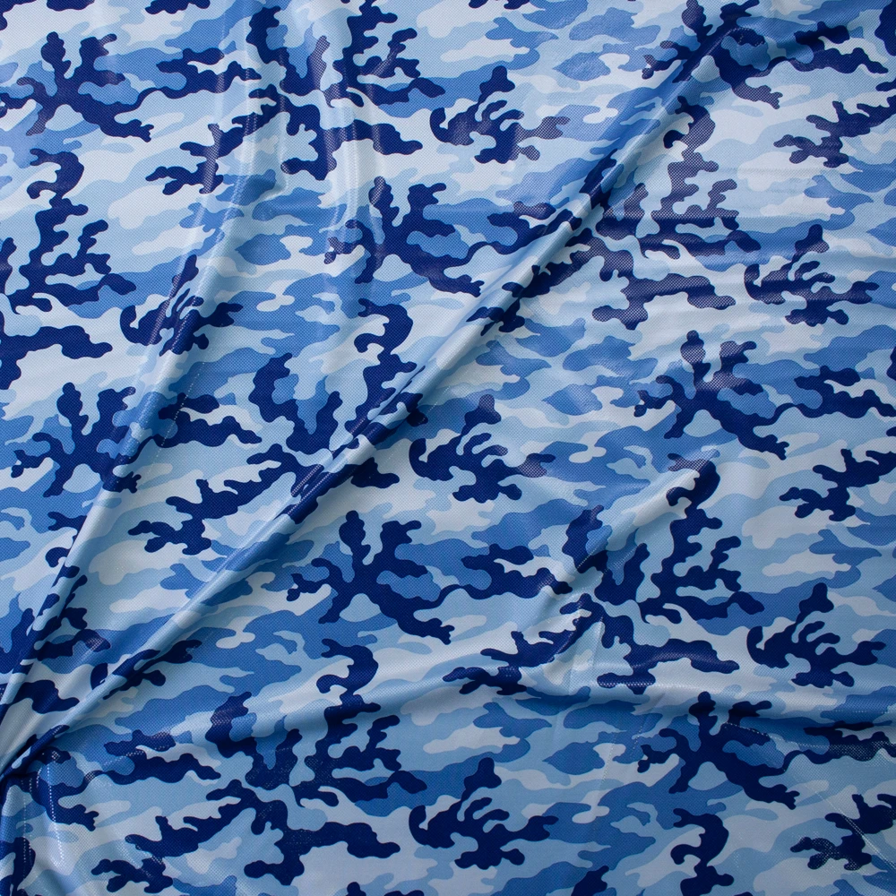 Blue Camouflage with Gloss Overlay Stretch Knit Fabric By The Yard - Wide shot