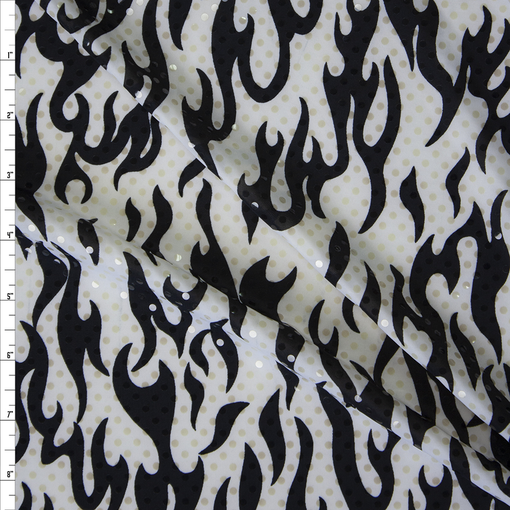 Clear Sequins on Black and Offwhite Flame Print Stretch Knit Fabric By The Yard