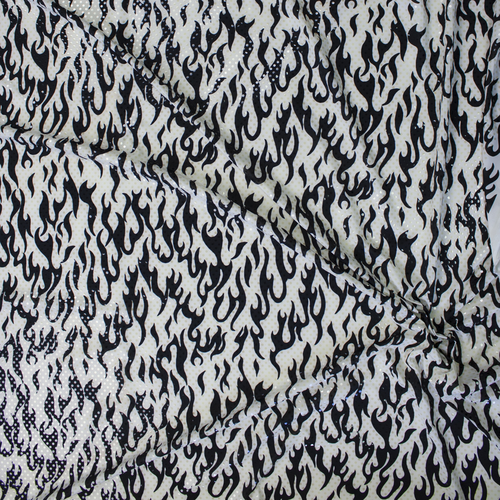 Clear Sequins on Black and Offwhite Flame Print Stretch Knit Fabric By The Yard - Wide shot