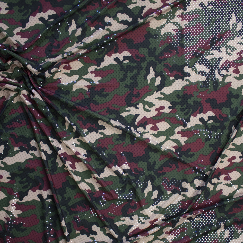 Clear Sequins on Olive, Black, Tan, and Wine Camouflage Stretch Knit Fabric By The Yard - Wide shot