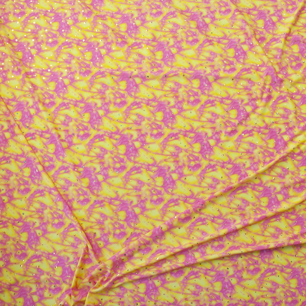 Holographic Gold Sequins on Yellow and Neon Pink Tie Dye Nylon/Spandex Fabric By The Yard - Wide shot