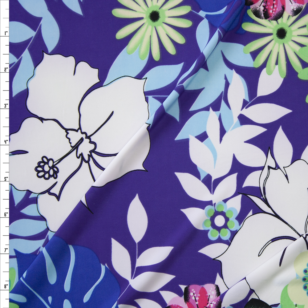 Colorful Floral on Purple Hawaiian Print Lightweight Stretch Knit Fabric By The Yard