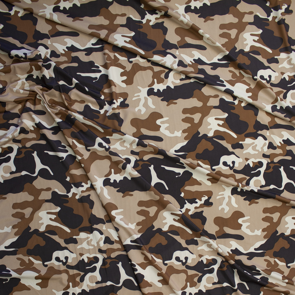 Brown, Caramel, Tan, and Ivory Camouflage Lightweight Stretch Knit Fabric By The Yard - Wide shot
