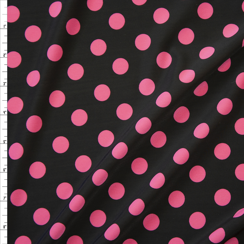 Hot Pink Polka Dots on Black Nylon/Spandex Fabric By The Yard