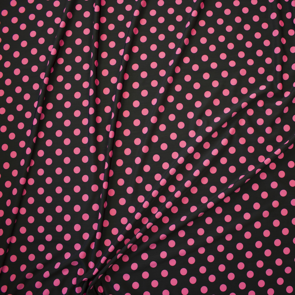 Hot Pink Polka Dots on Black Nylon/Spandex Fabric By The Yard - Wide shot