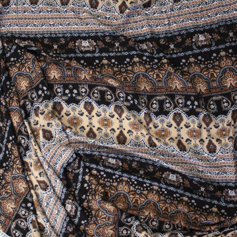 Brown, Tan, and Black Bohemian Rayon Gauze Fabric By The Yard - Wide shot