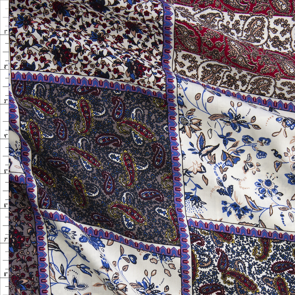 Wine and Ivory Floral Patchwork Rayon Challis Fabric By The Yard