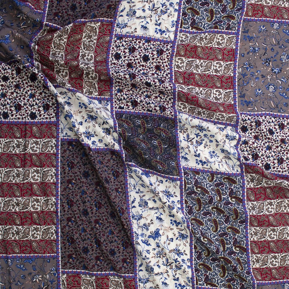 Wine and Ivory Floral Patchwork Rayon Challis Fabric By The Yard - Wide shot