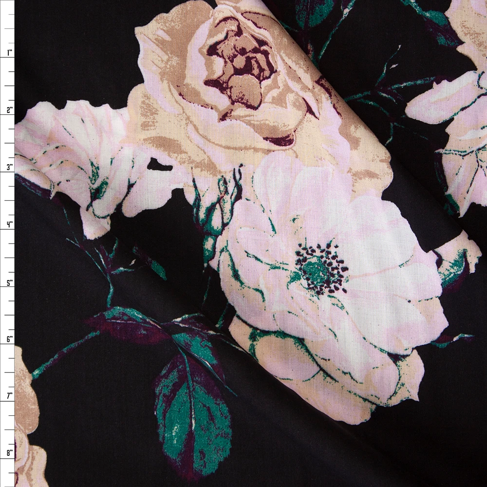 Blush, Ivory, and Emerald Rose Floral on Black Rayon Gauze Fabric By The Yard