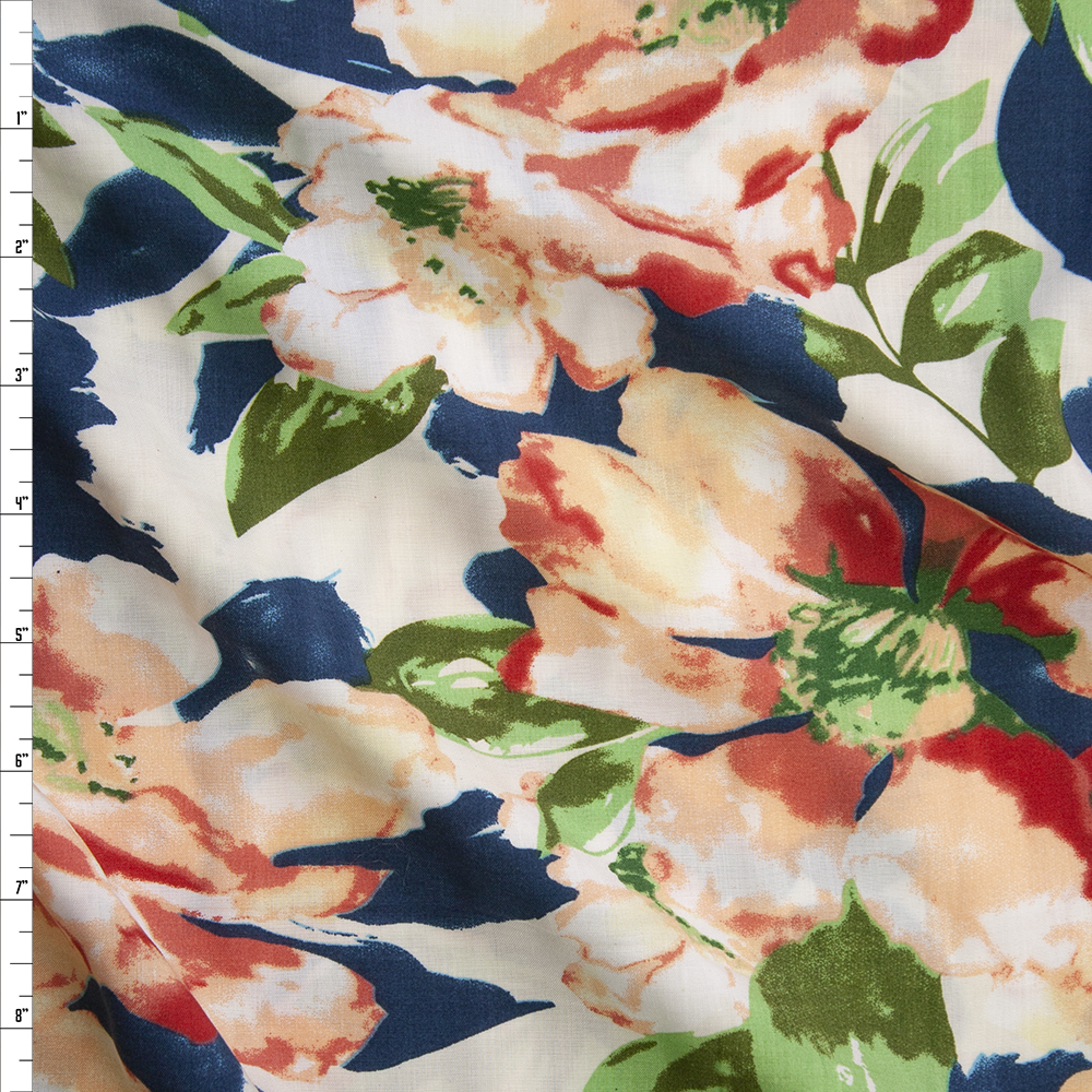 Red Orange, Ivory, and Teal Floral Rayon Challis Fabric By The Yard