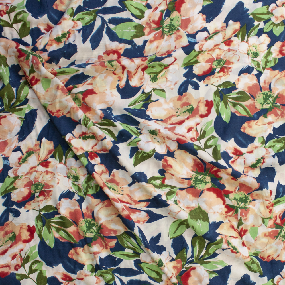 Red Orange, Ivory, and Teal Floral Rayon Challis Fabric By The Yard - Wide shot