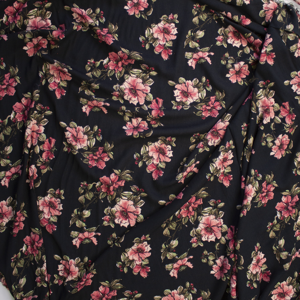 Pink and Sage Sketchbook Floral on Black Rayon Gauze Fabric By The Yard - Wide shot
