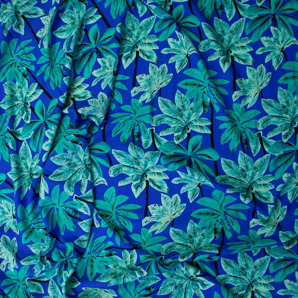 Mint and Seafood Palms on Royal Rayon Challis Fabric By The Yard - Wide shot