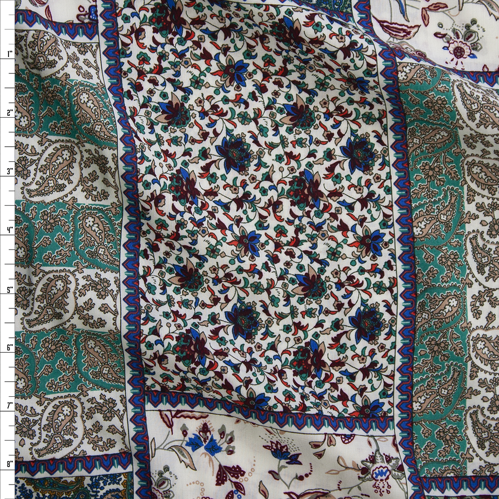 Emerald and Ivory Floral Patchwork Rayon Challis Fabric By The Yard