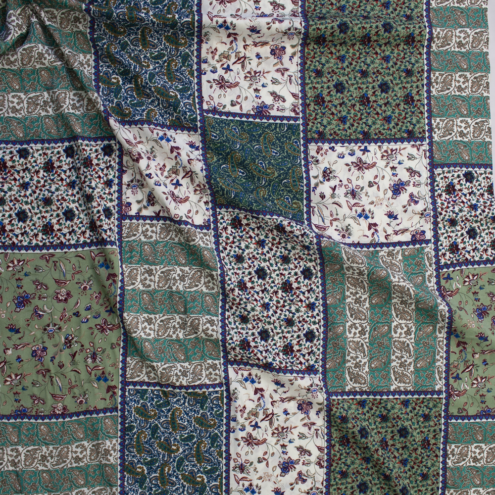 Emerald and Ivory Floral Patchwork Rayon Challis Fabric By The Yard - Wide shot