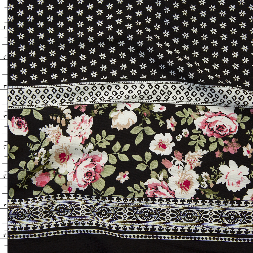 Pink, Sage, and Ivory Floral Border Print Rayon Challis Fabric By The Yard