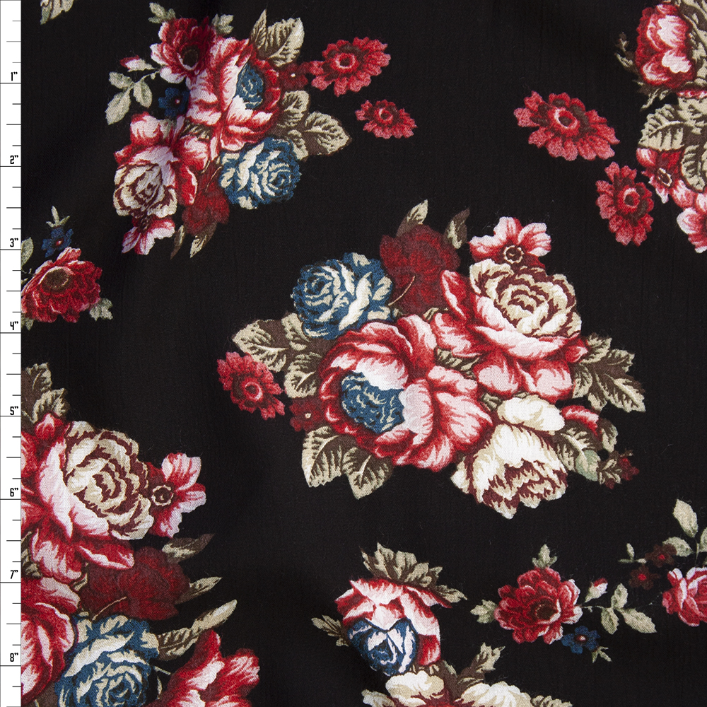 Red and Tan Rose Clusters on Black Rayon Gauze Fabric By The Yard