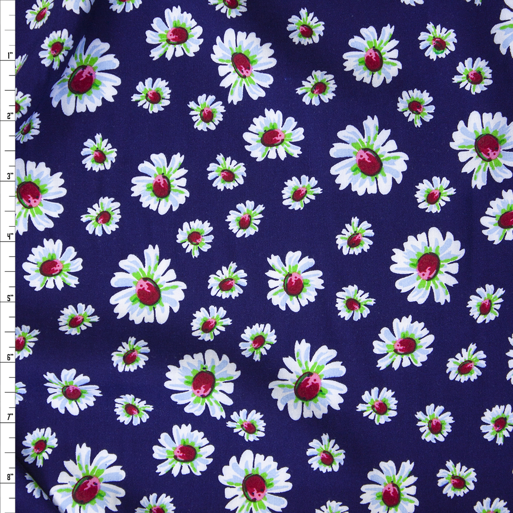 White and Lime Daisies on Royal Blue Rayon Challis Fabric By The Yard
