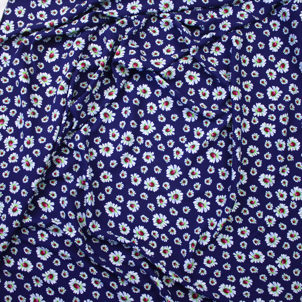 White and Lime Daisies on Royal Blue Rayon Challis Fabric By The Yard - Wide shot