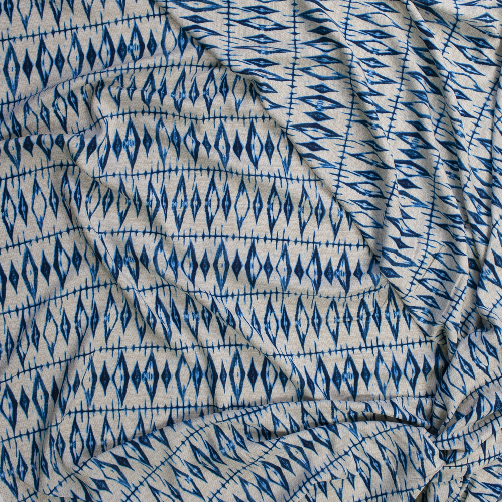 Teal and Ivory Grunge Diamonds Rayon Challis Fabric By The Yard - Wide shot