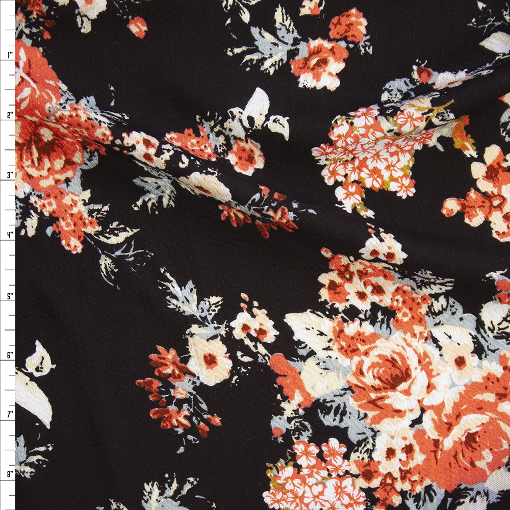 Red Orange, Ivory, and Grey Roses on Black Rayon Gauze Fabric By The Yard