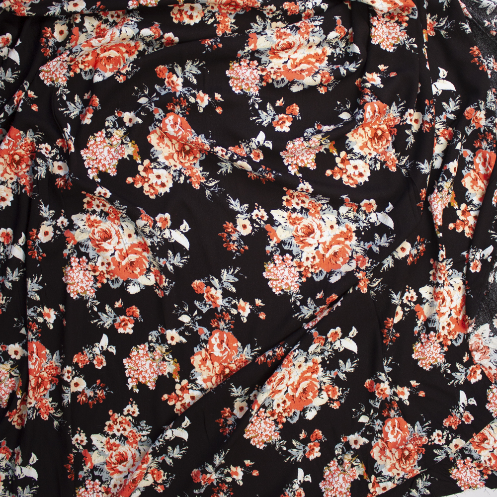 Red Orange, Ivory, and Grey Roses on Black Rayon Gauze Fabric By The Yard - Wide shot