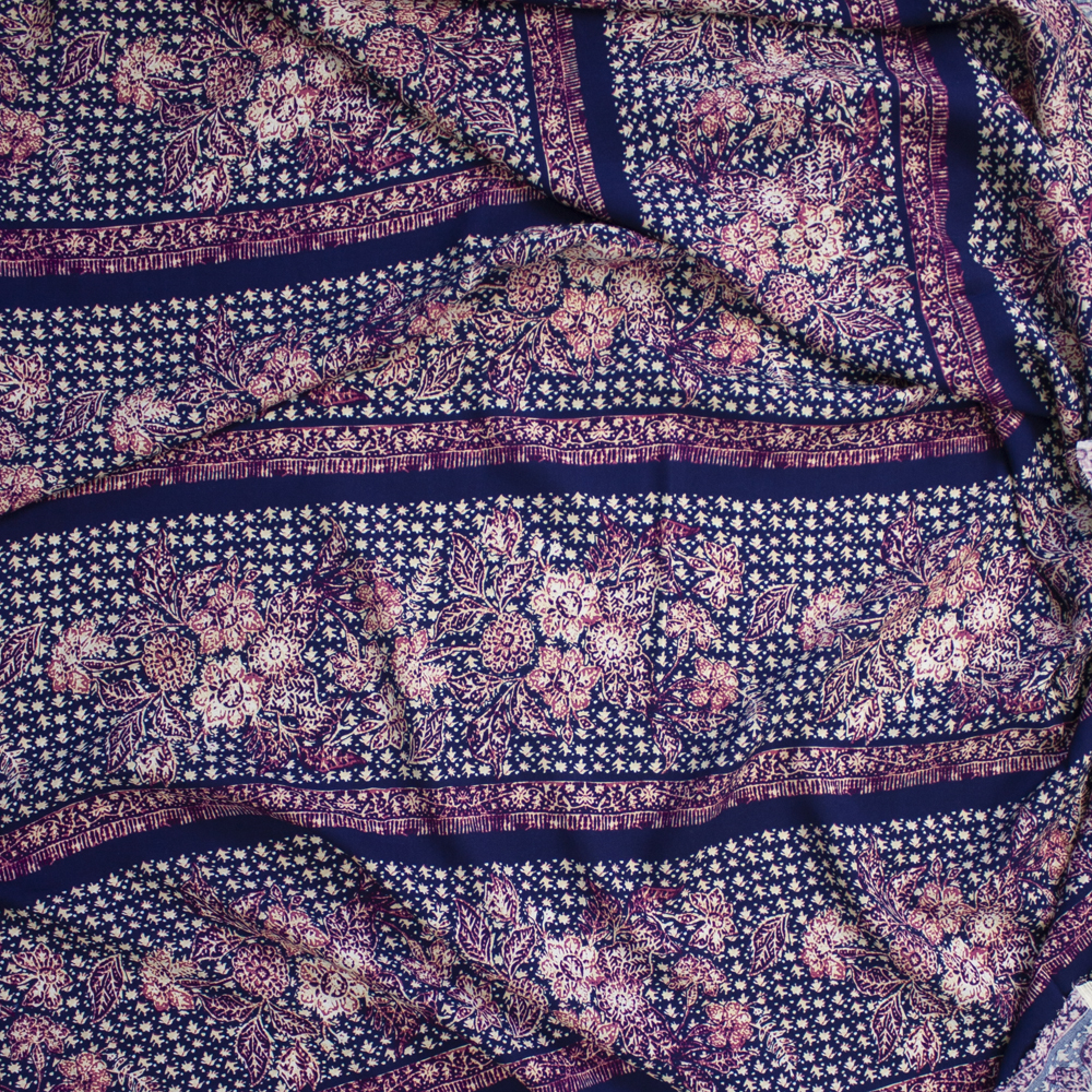 Ivory and Fuchsia Boho Floral Stripe on Navy Rayon Challis Fabric By The Yard - Wide shot