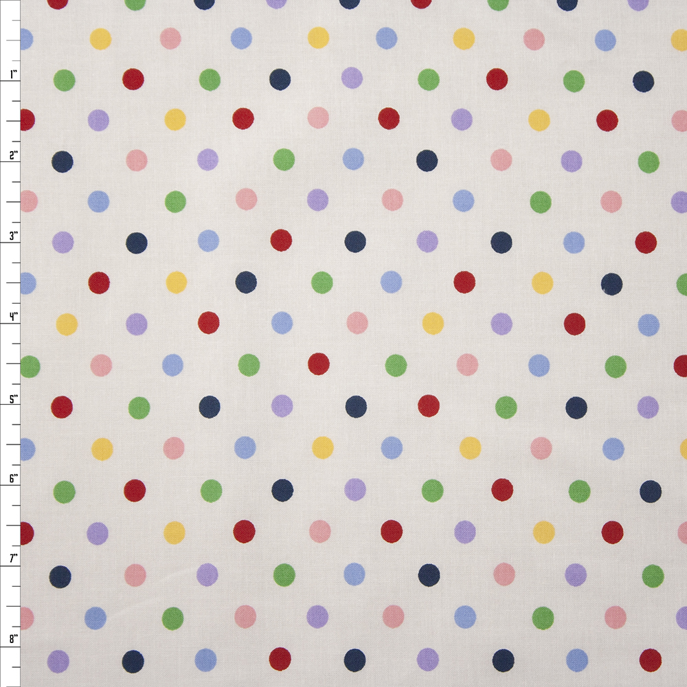 Multi Colored Polka Dots on White Quilter's Cotton Fabric By The Yard