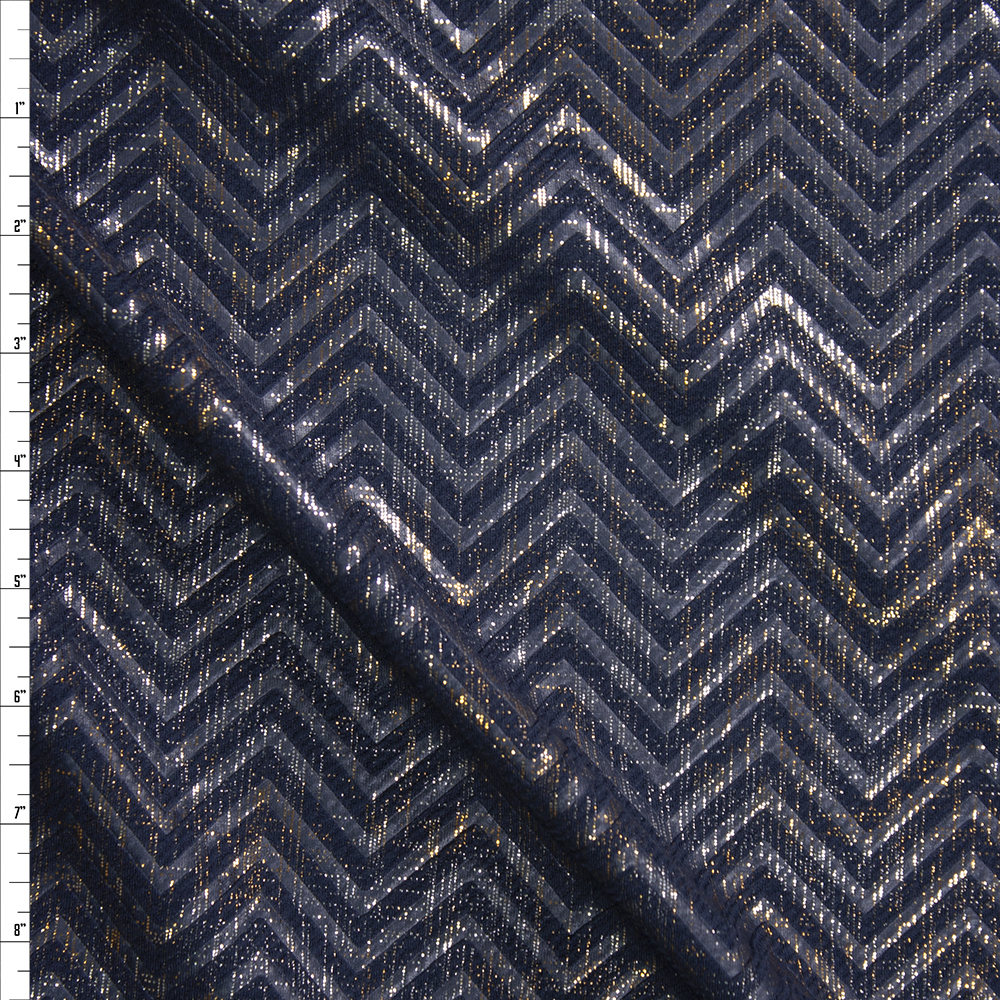Gold and Silver Grunge Chevron on Navy Textured Liverpool Knit Fabric By The Yard