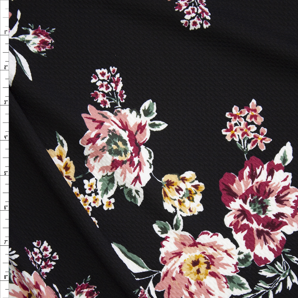 Mauve and Magenta Floral on Black Crepe Liverpool Knit Fabric By The Yard