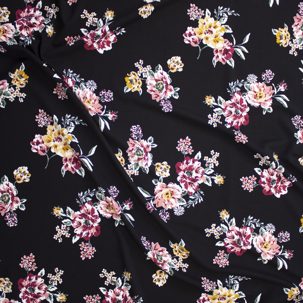 Mauve and Magenta Floral on Black Crepe Liverpool Knit Fabric By The Yard - Wide shot