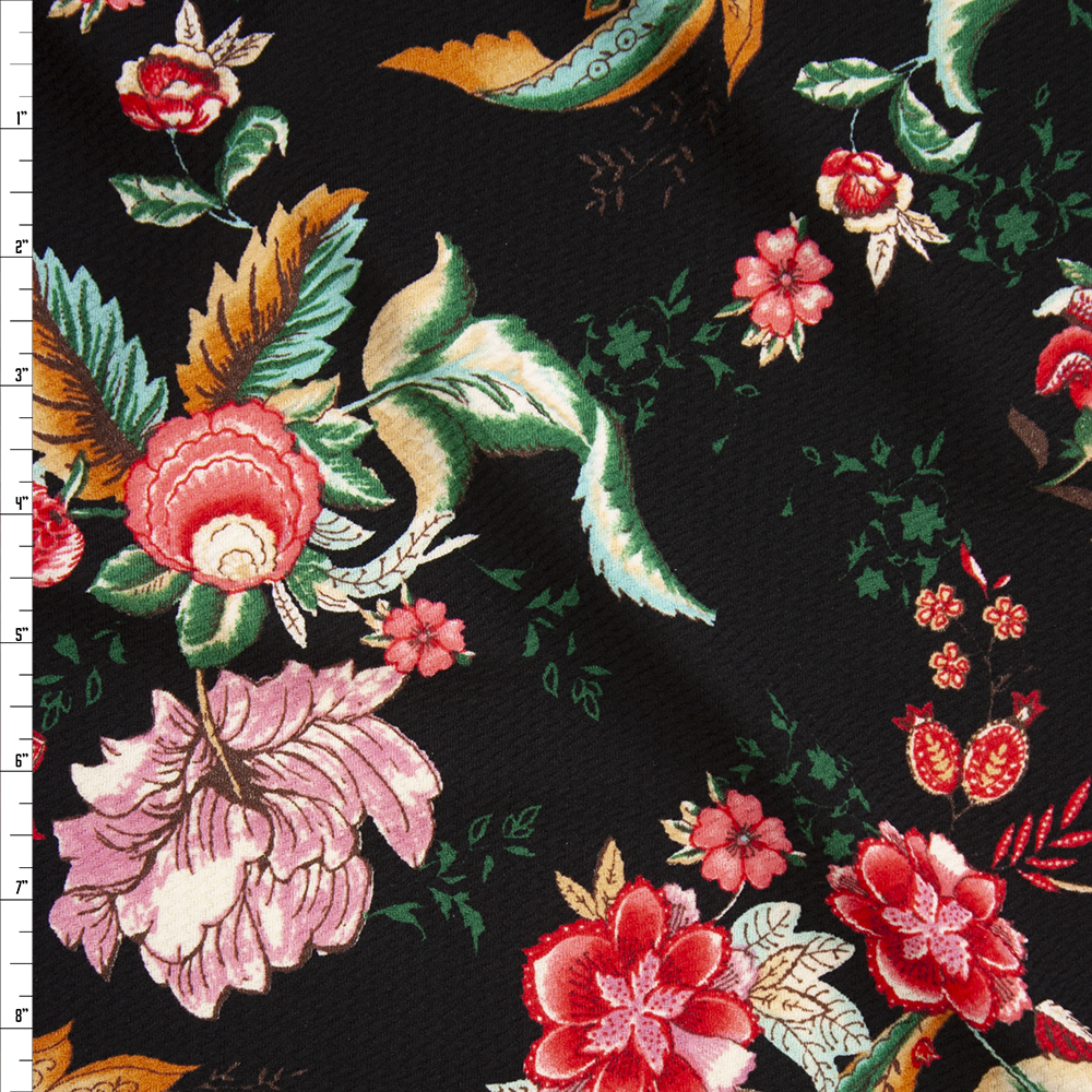 Red, Mauve, and Emerald Ornate Floral on Black Bullet Liverpool Knit Fabric By The Yard