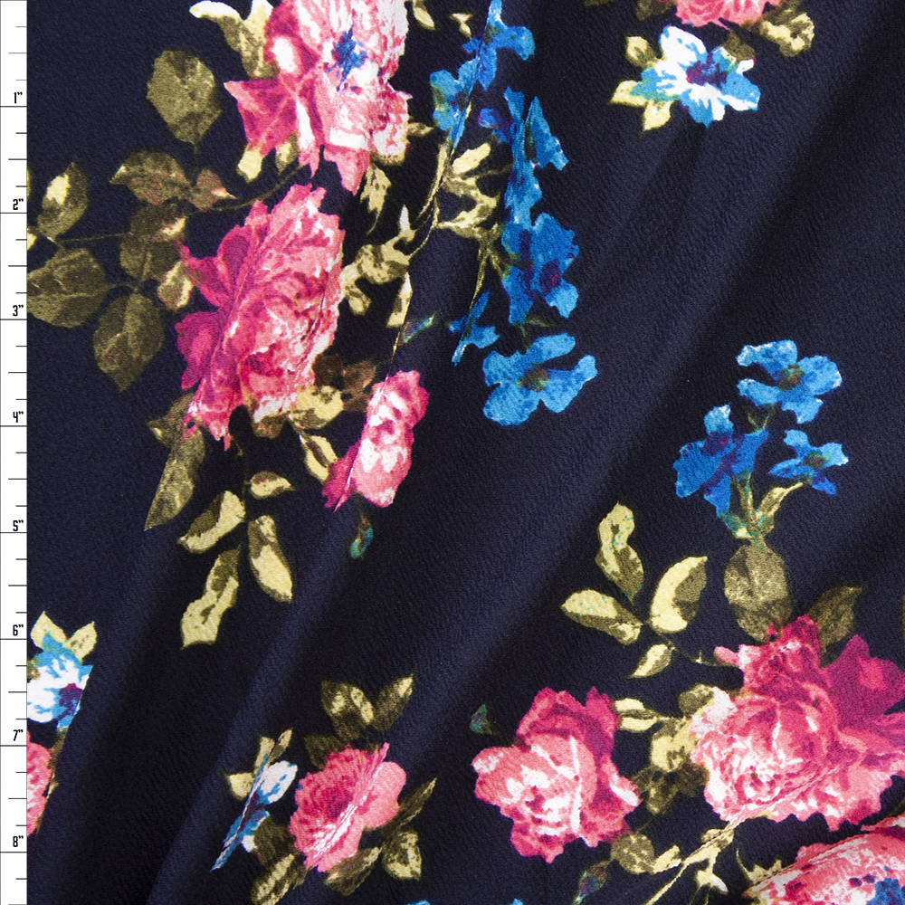 Pink and Turquoise Rose Floral on Navy Crepe Liverpool Knit Fabric By The Yard