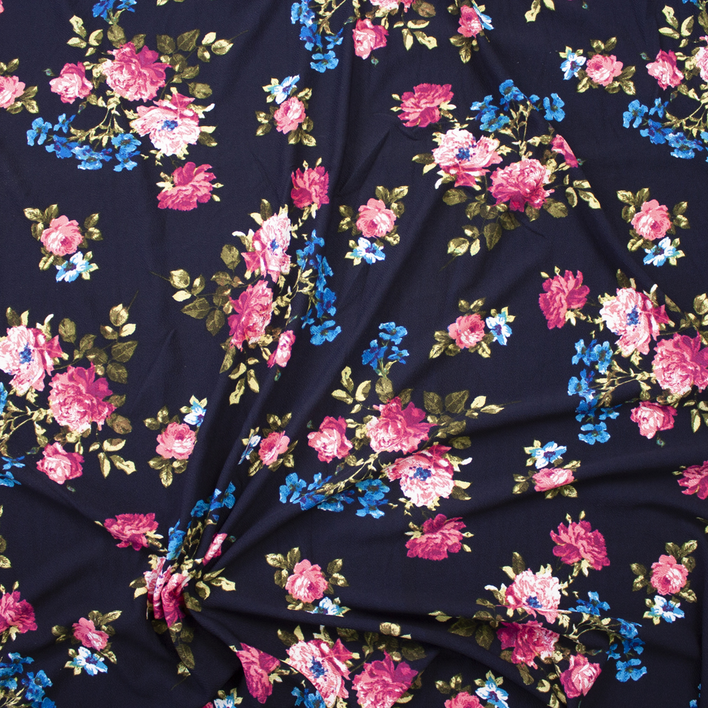 Pink and Turquoise Rose Floral on Navy Crepe Liverpool Knit Fabric By The Yard - Wide shot
