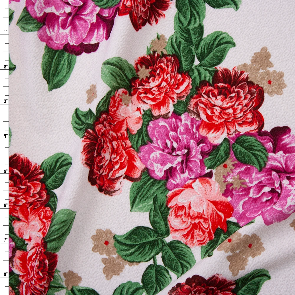 Red and Magenta Floral on Offwhite Crepe Liverpool Knit Fabric By The Yard