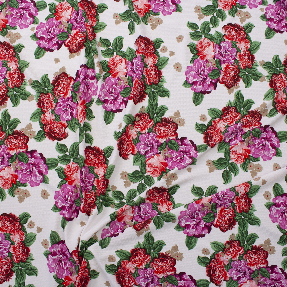 Red and Magenta Floral on Offwhite Crepe Liverpool Knit Fabric By The Yard - Wide shot