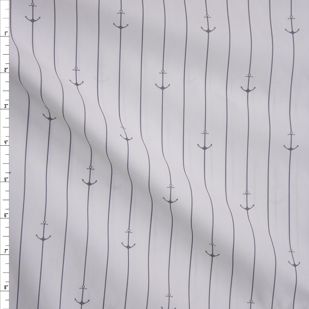 Grey on Offwhite Anchors and Stripes Fine Cotton Shirting Fabric By The Yard